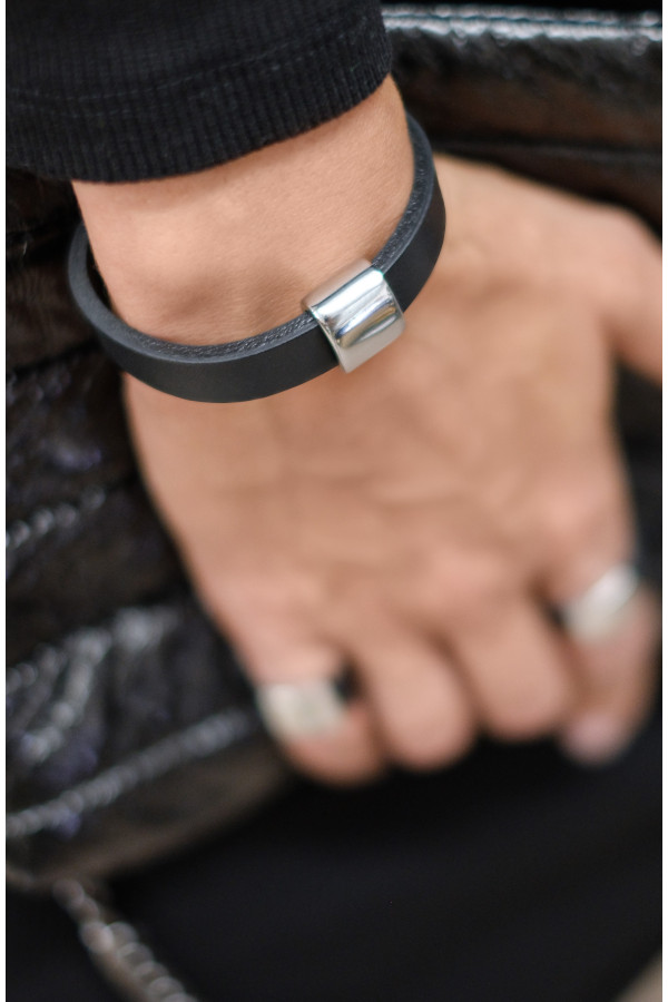 Black leather bracelet with a shiny stainless steel accent. 2