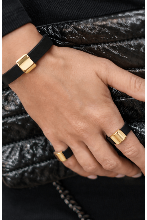 Elegant black delicate bracelet made of leather and gold-tone stainless steel – moora