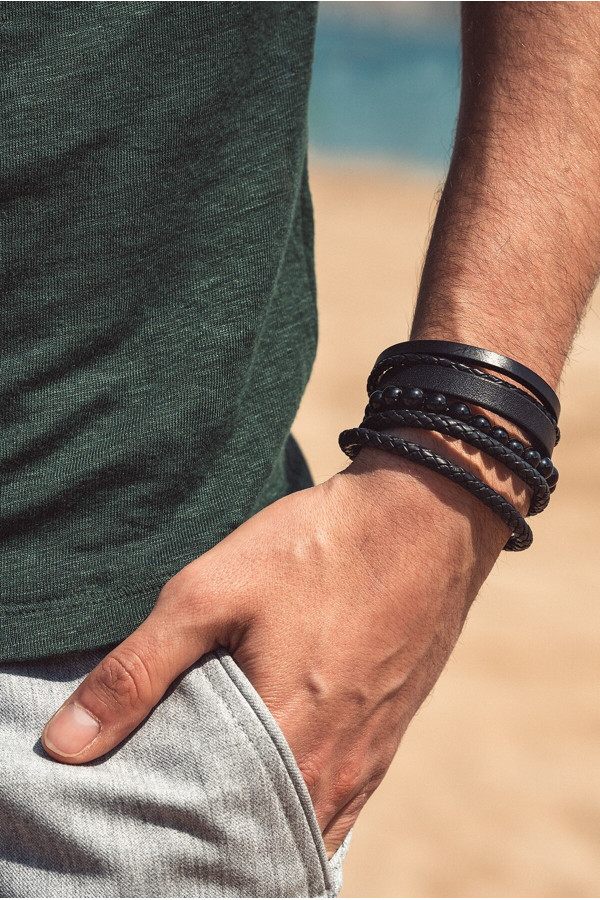 Set of three men's bracelets made of black leather and lava stones 2