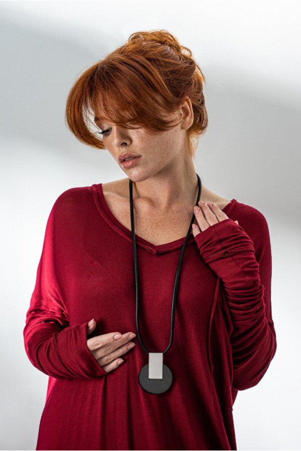 Long black leather necklace with decorative steel pendant 2