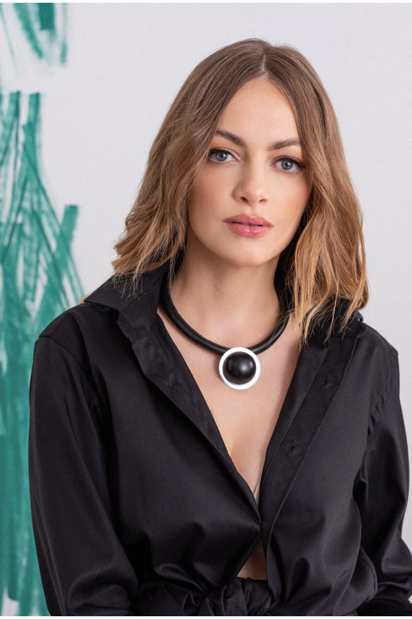 Black leather necklace with matte black stainless steel pendant 2