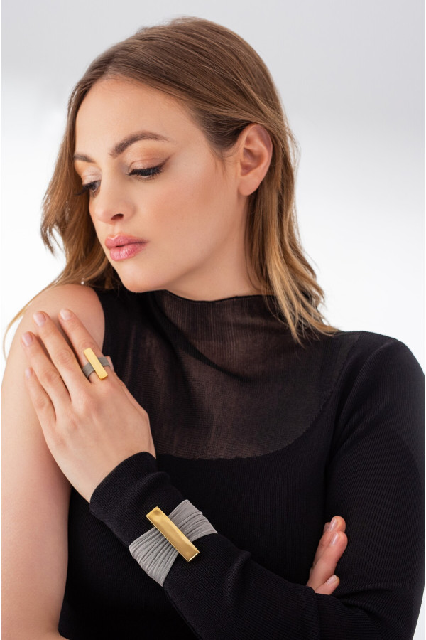 Gold stainless steel ring with silver steel mesh 2