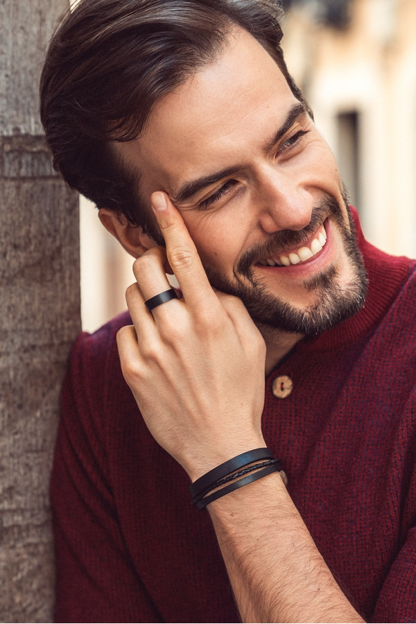 Men’s brown leather bracelet with a watch-style clasp available in steel, black, or gold. 2