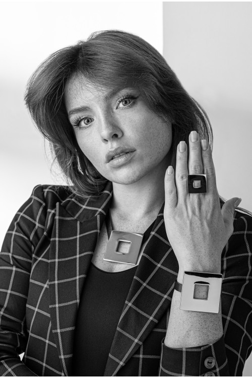 Black leather bracelet with shiny gold square – handmade