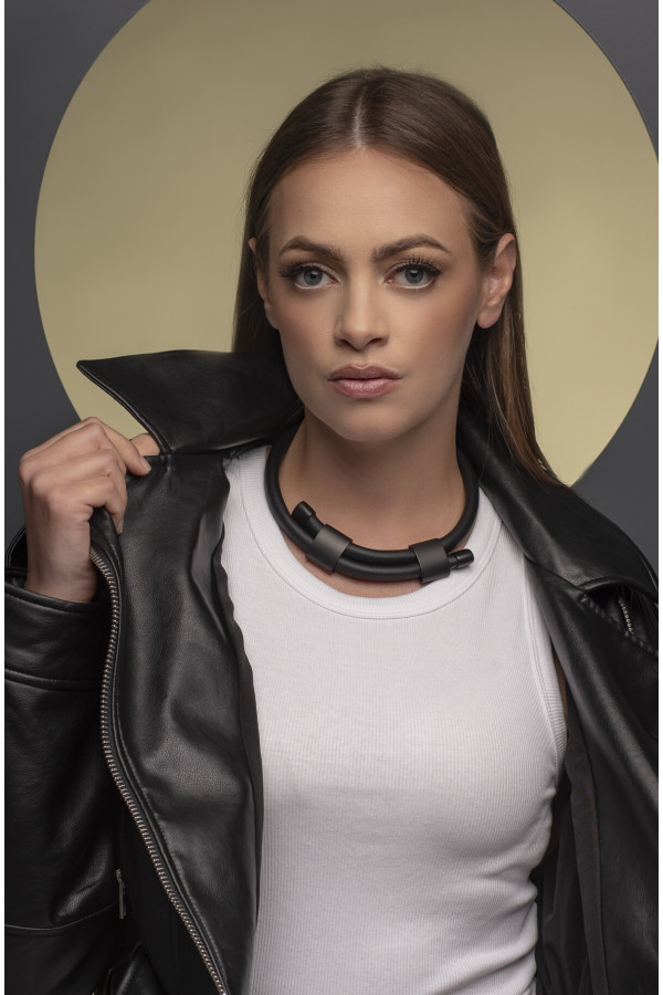 Adjustable black leather choker necklace with matte black stainless steel accent. 2