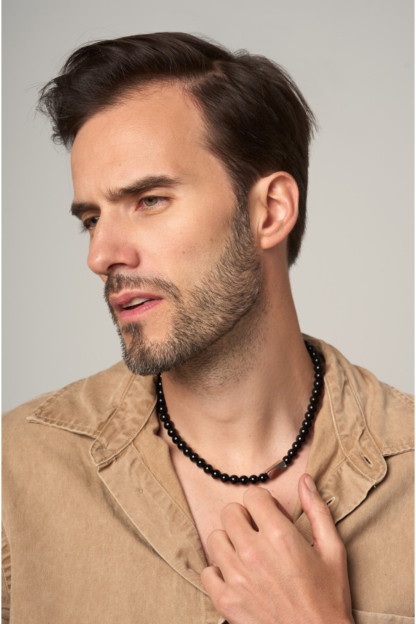 Men's onyx necklace with stainless steel element and lobster clasp 2