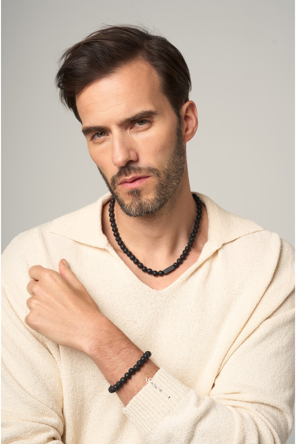 Men's necklace made of volcanic lava and black steel with a lobster clasp 2