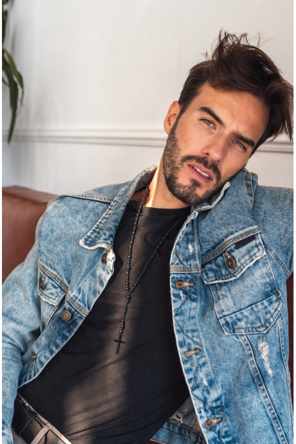 Men’s long necklace made of matte black onyx beads with stainless steel cross pendant. 2