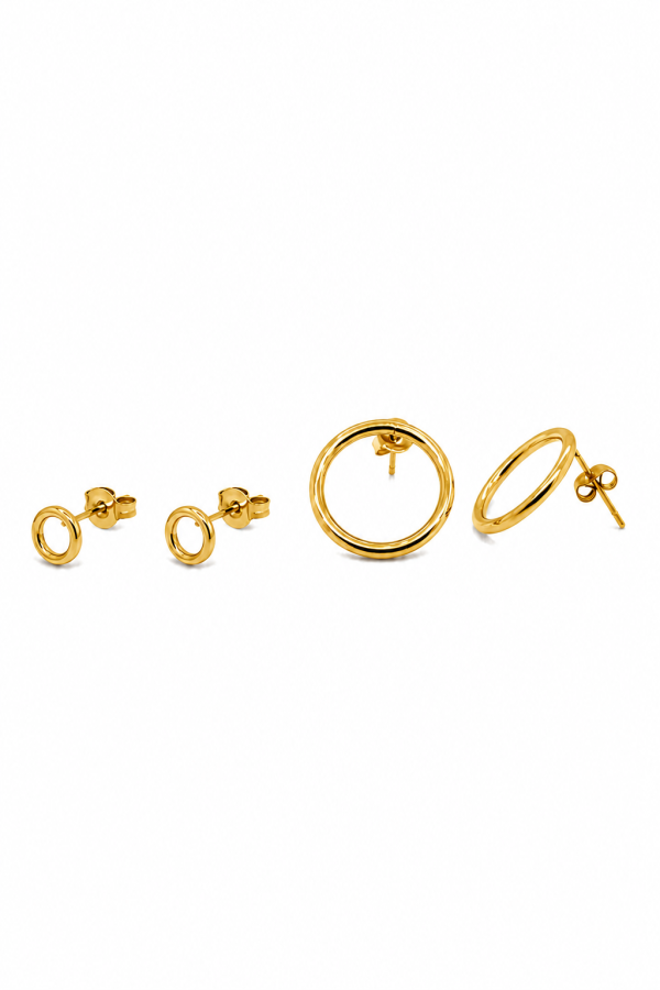A set of gold-colored hoop earrings with studs.