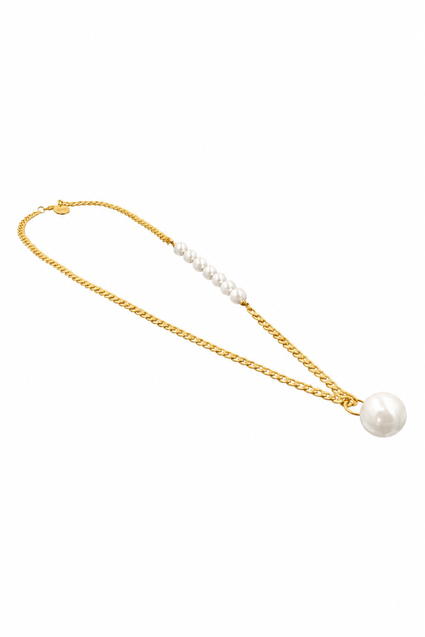 White shell pearl necklace with decorative chain and large pearl pendant. 2