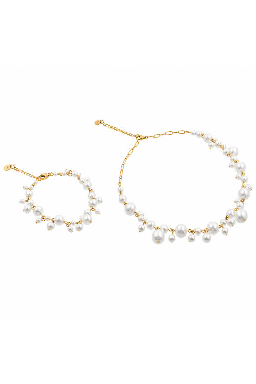 Gold-tone stainless steel pearl jewellery set with a delicate necklace and matching bracelet.