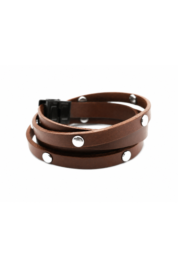 Men’s brown leather bracelet wrapped twice with steel snaps 2