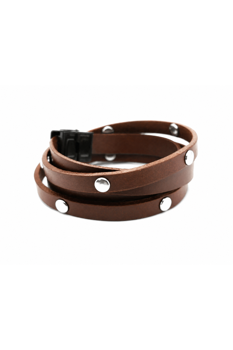 Men’s leather bracelet with snaps – brown, double wrap | moora.eu