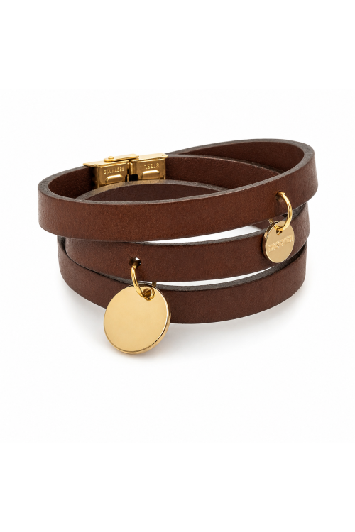 Brown leather bracelet with gold-plated charms