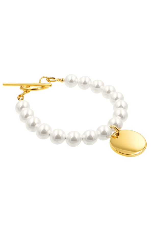 8 mm white shell pearl bracelet with a round pendant for engraving, gold color