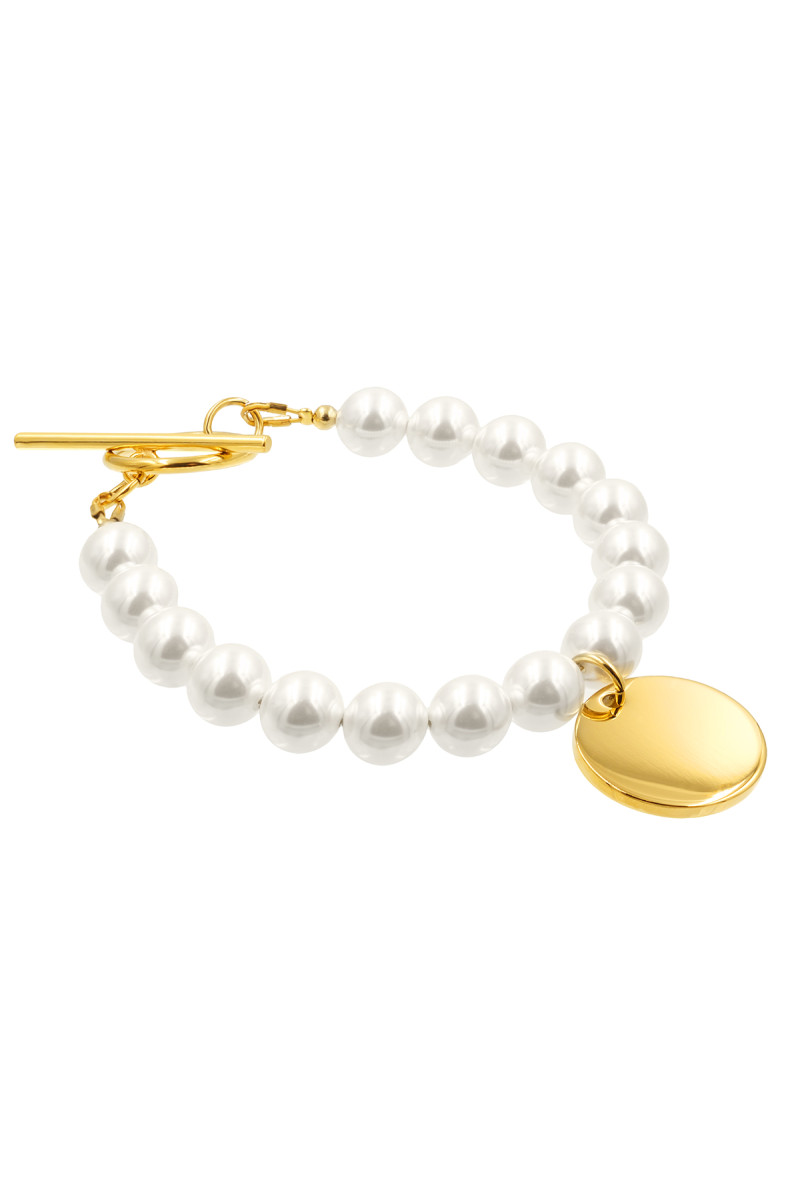 8 mm white shell pearl bracelet with a round pendant for engraving, gold color