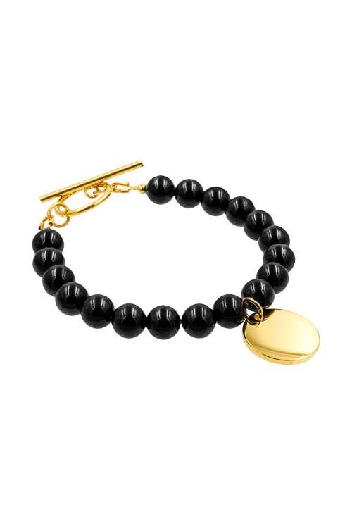8 mm black onyx bracelet with a round pendant for engraving, gold-colored