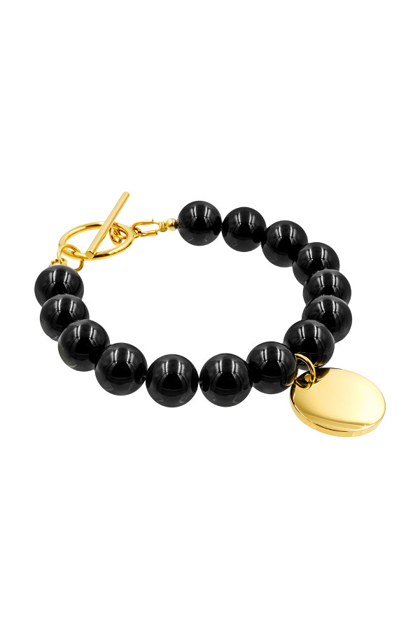 10 mm black onyx bracelet with a round pendant for engraving, gold-coloured