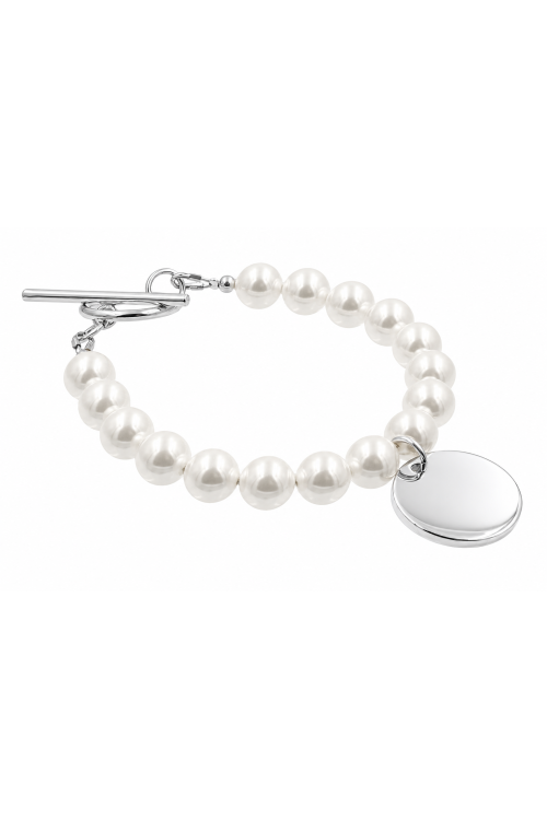 8 mm white shell pearl bracelet with a round pendant for engraving, silver color