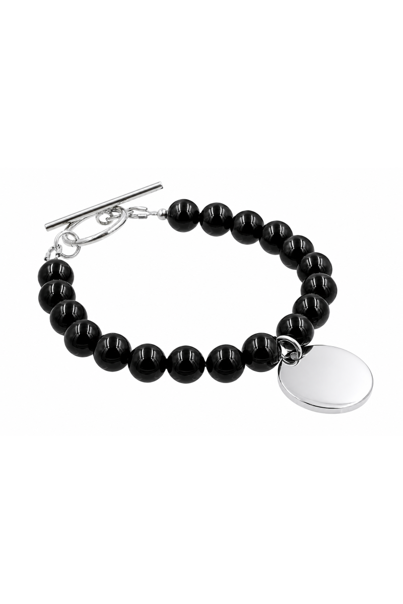 8 mm black onyx bracelet with a round pendant for engraving, silver-colored