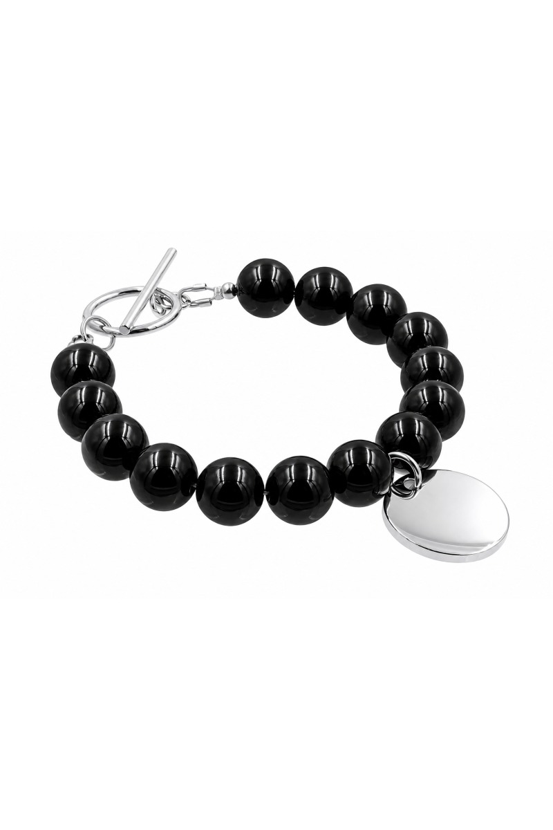 10 mm black onyx bracelet with a round pendant for engraving, silver-coloured