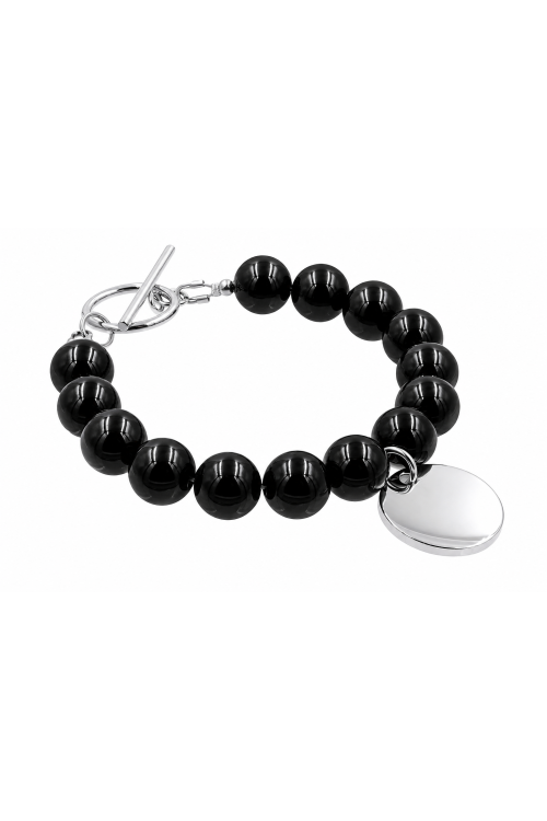 10 mm black onyx bracelet with a round pendant for engraving, silver-coloured