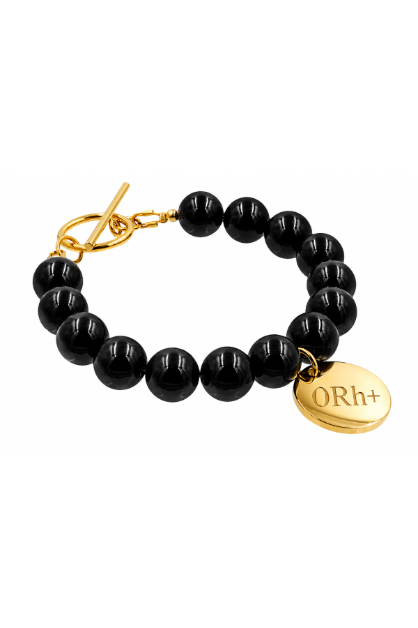 10 mm black onyx bracelet with a round pendant for engraving, gold-coloured 2