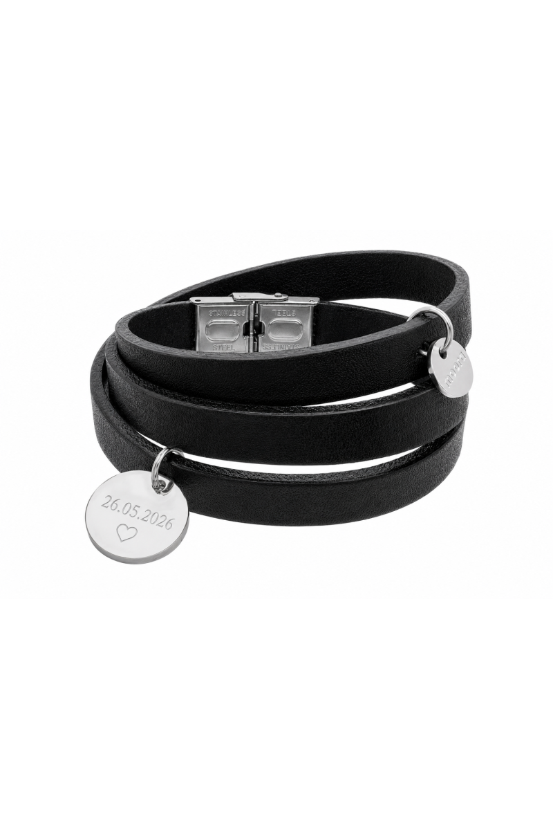 Black leather bracelet with steel charms | moora