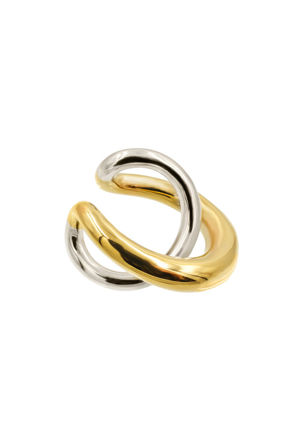 A silver and gold earring with an interwoven design, made from stainless steel