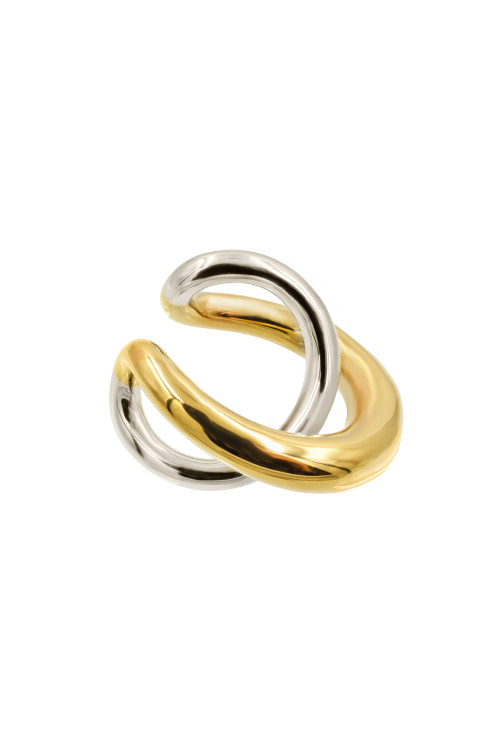A silver and gold earring with an interwoven design, made from stainless steel