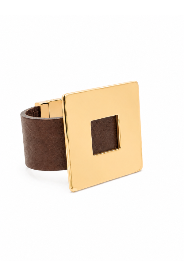 Brown women’s leather bracelet with a gold-plated square