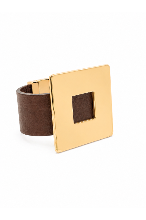 Brown women’s leather bracelet with a gold-plated square