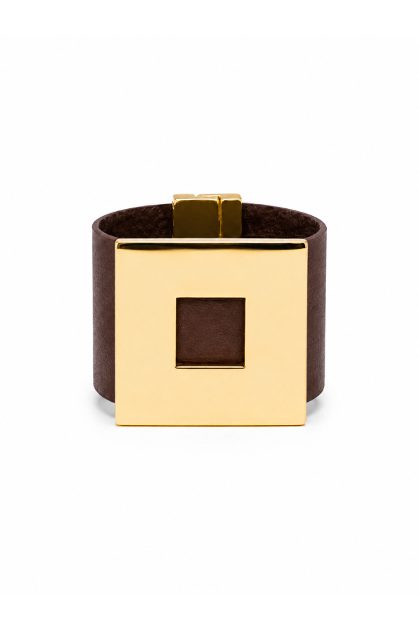 Wide brown women’s leather bracelet with a gold-plated square