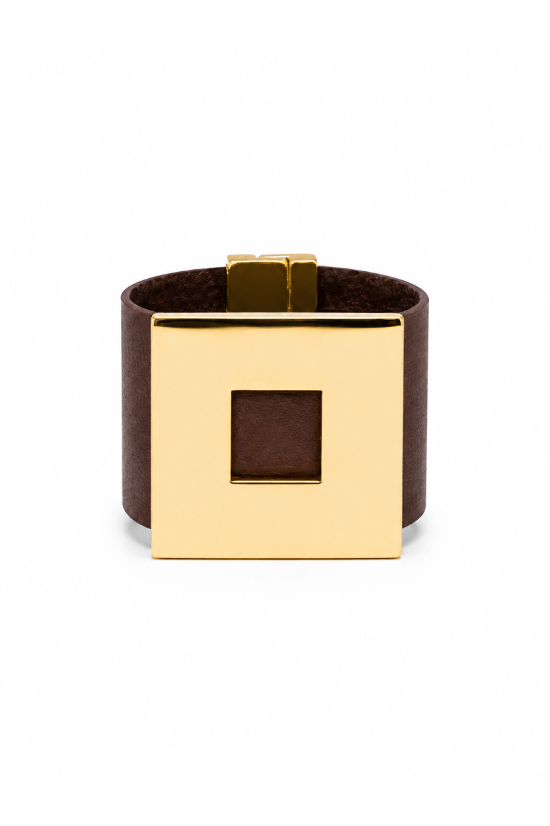 Wide brown women’s leather bracelet with a gold-plated square