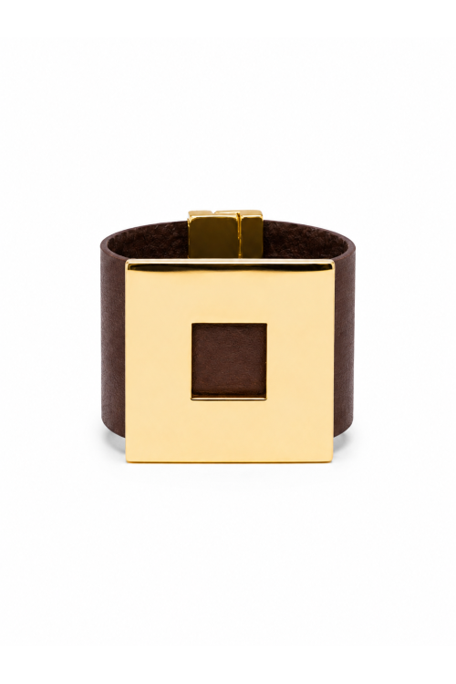 Wide brown women’s leather bracelet with a gold-plated square