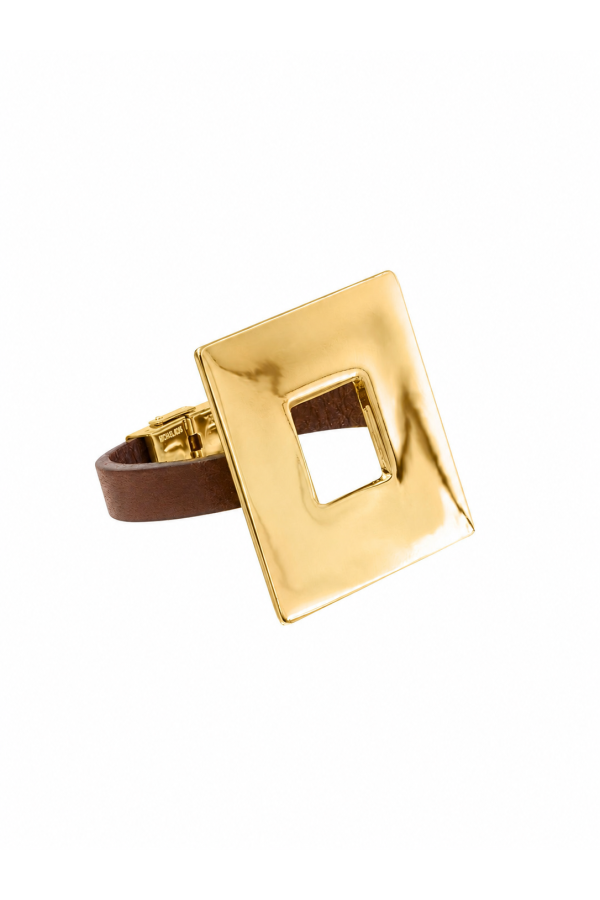 Brown leather bracelet with a large polished gold square