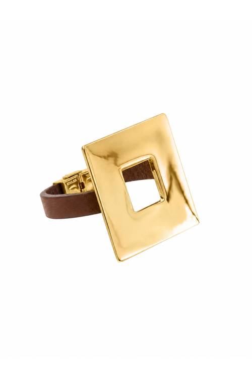 Brown leather bracelet with a large polished gold square
