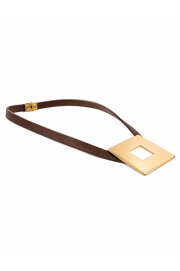 Brown leather necklace with a large polished gold square