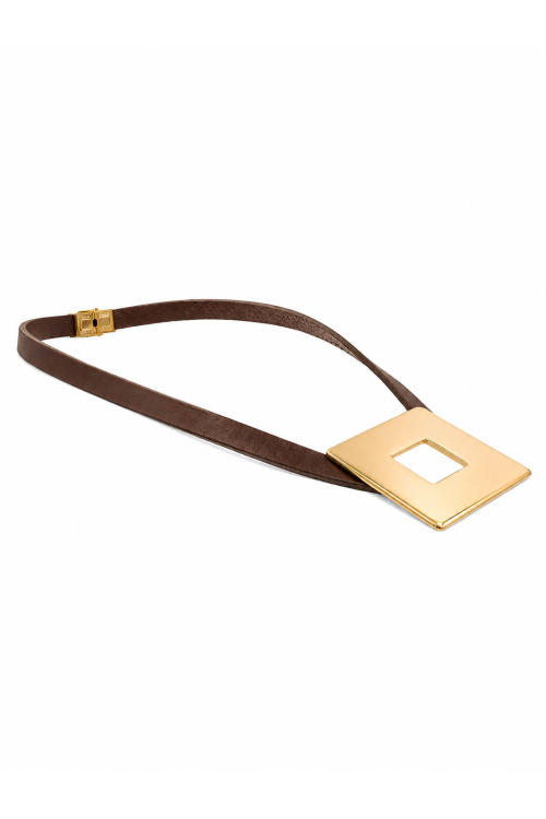 Brown leather necklace with a large polished gold square