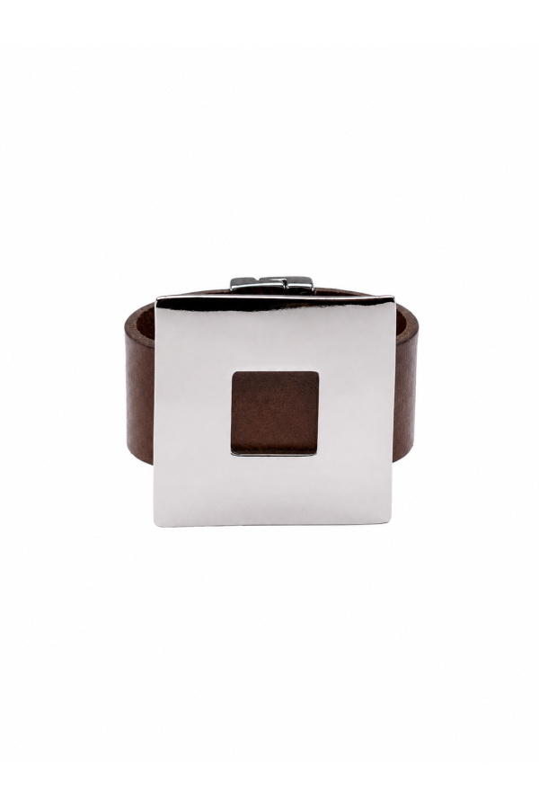 Brown leather bracelet with a polished silver-tone steel square