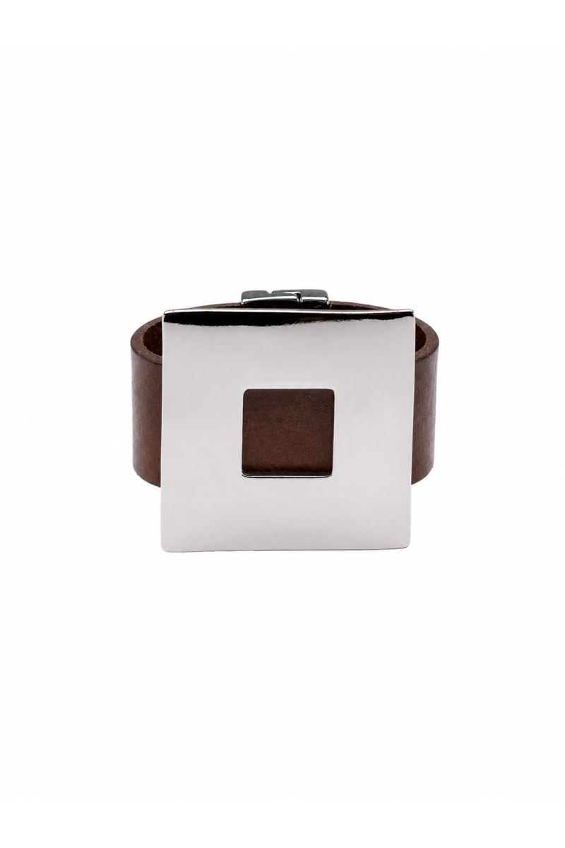 Brown leather bracelet with a polished silver-tone steel square