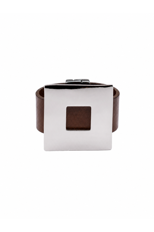 Brown leather bracelet with a polished silver-tone steel square