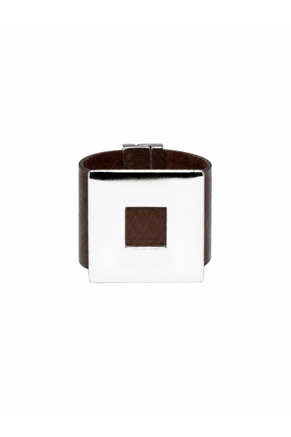 Wide brown leather bracelet with a polished silver-tone steel square