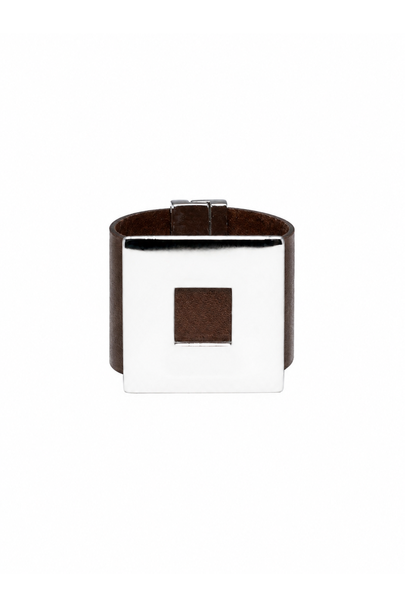 Wide brown leather bracelet with a polished silver-tone steel square