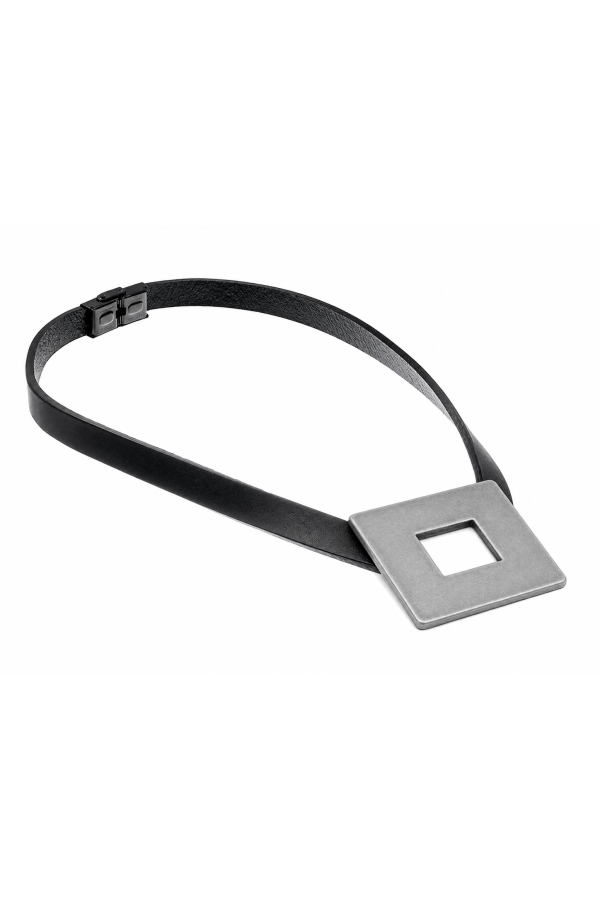 Leather necklace with large matte stainless steel element