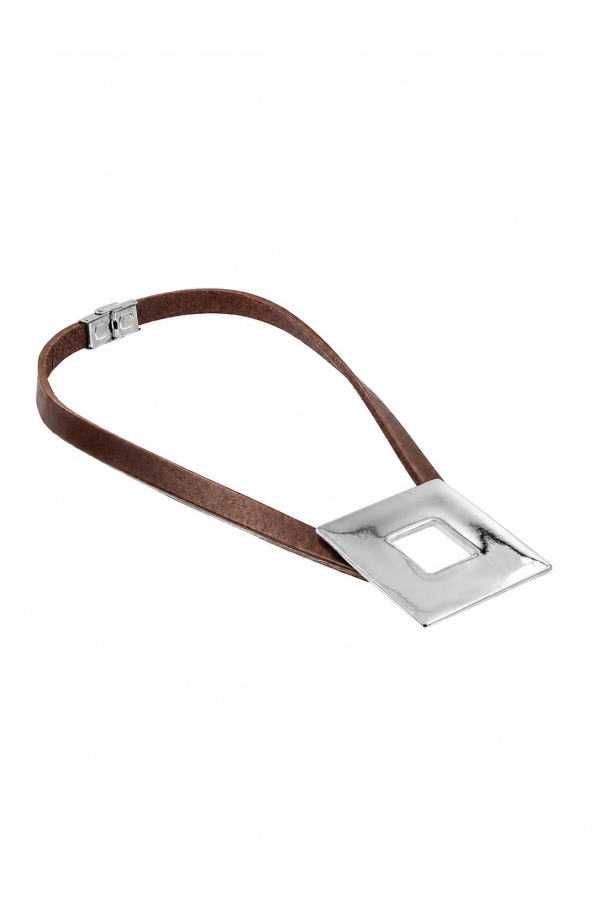 Brown leather necklace with a large polished stainless steel square