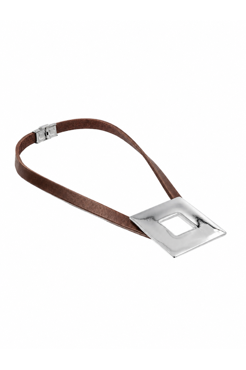 Brown leather necklace with a large polished stainless steel square