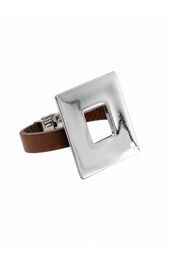 Brown leather bracelet with a large polished stainless steel square