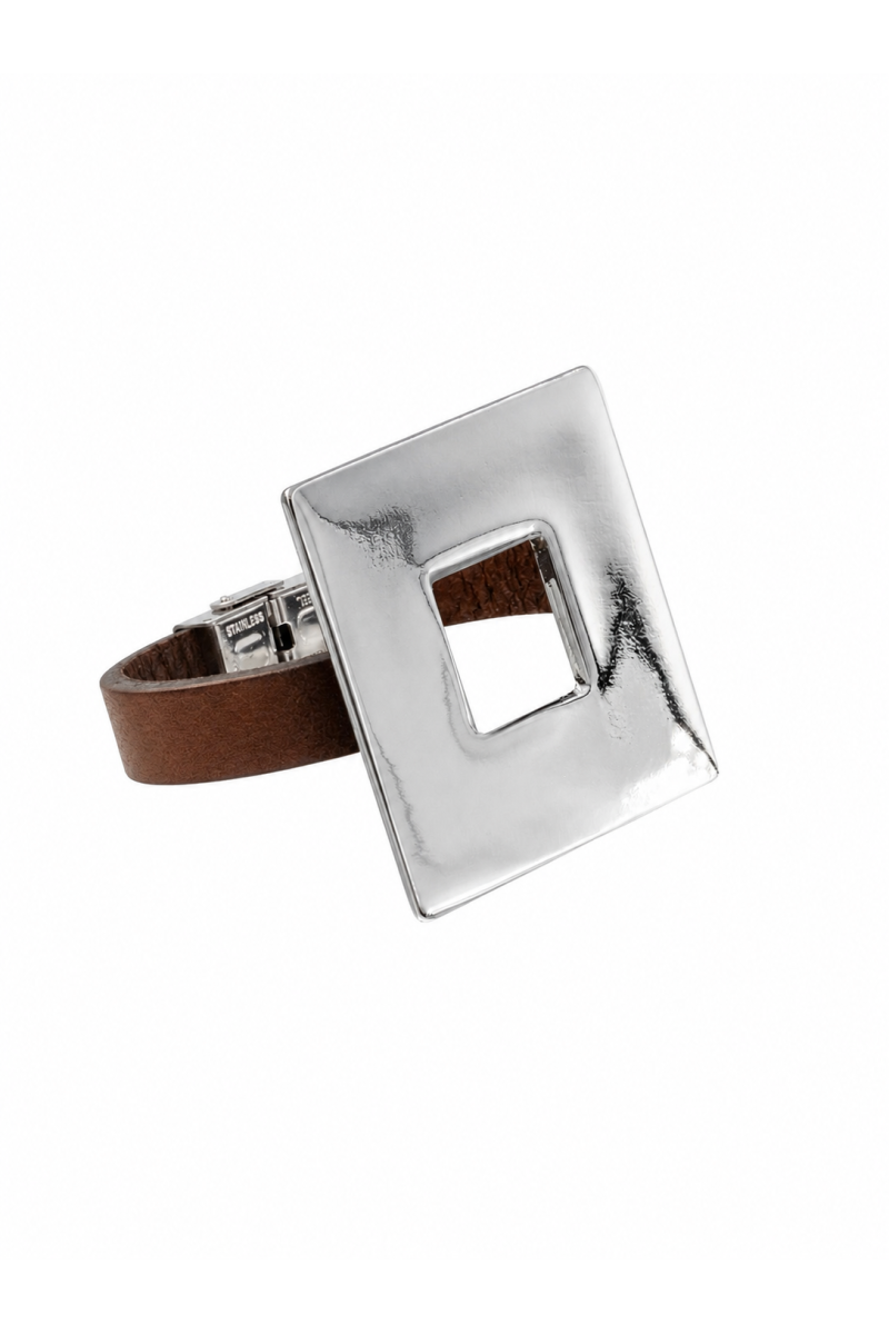 Brown leather bracelet with a large polished stainless steel square