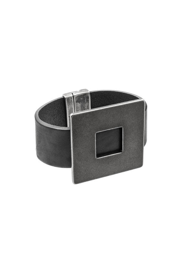 Brown leather necklace with a large polished stainless steel square 2